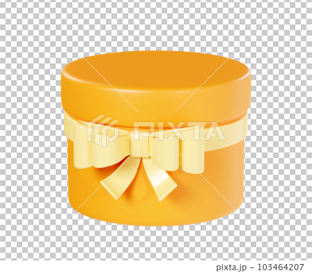 Gift box 3d render illustration - closed orange present pack decorated with ribbon and bow. Festive colorful round package with surprise. Decoration for birthday or Christmas design. Gift box 3d render illustration - closed orange present pack decorated with ribbon and bow. Festive colorful round package with surprise. Decoration for birthday or Christmas design. 103464207