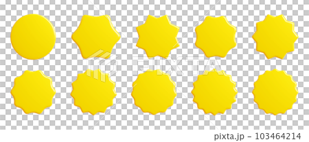 Yellow starburst sticker 3d render set - collection of round sun burst or star shape badges for promo. Price or offer label with copy space. Empty emblem for sale or discount concept. 103464214