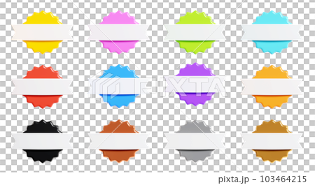 Starburst sticker 3d render set - collection of round sun burst or star shape badges for promo. Price or offer label with copy space. Empty emblem of different colours for sale or discount concept. 103464215