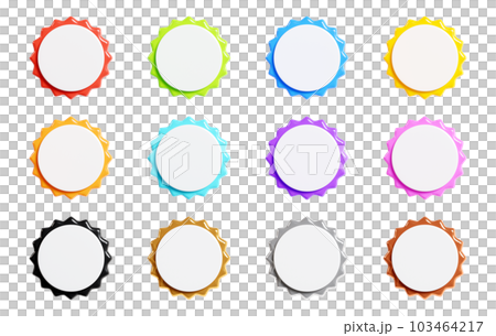 Starburst sticker 3d render set - collection of round sun burst or star shape badges for promo. Price or offer label with copy space. Empty emblem of different colours for sale or discount concept. Starburst sticker 3d render set - collection of round sun burst or star shape badges for promo. Price or offer label with copy space. Empty emblem of different colours for sale or discount concept. 103464217