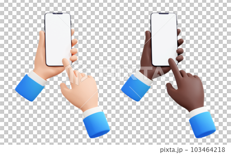 Hand holding mobile phone 3d render illustration set - human hand in blue business suit with telephone with empty screen. Smartphone mockup with blank display in cartoon human arm. Hand holding mobile phone 3d render illustration set - human hand in blue business suit with telephone with empty screen. Smartphone mockup with blank display in cartoon human arm. 103464218