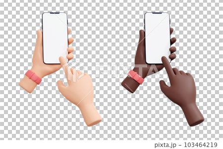 Hand holding mobile phone 3d render illustration set - human hand with telephone with empty screen. Smartphone mockup with blank display in cartoon human arm. Digital device template in minimal style. Hand holding mobile phone 3d render illustration set - human hand with telephone with empty screen. Smartphone mockup with blank display in cartoon human arm. Digital device template in minimal style. 103464219