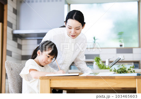 自宅で娘に勉強を教える母親 103465603