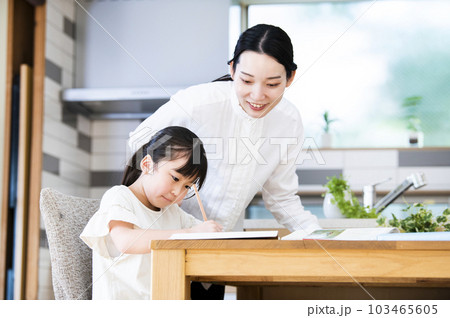 自宅で娘に勉強を教える母親 自宅で娘に勉強を教える母親 103465605