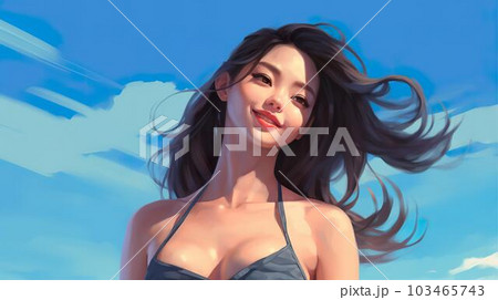 An Asian woman in a swimsuit/bikini who came to - Stock Illustration  [103465743] - PIXTA