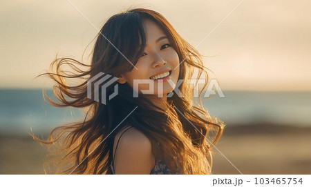 夏の海・ビーチに遊びに来た水着・ビキニのアジア人女性（Generative AI） 103465754