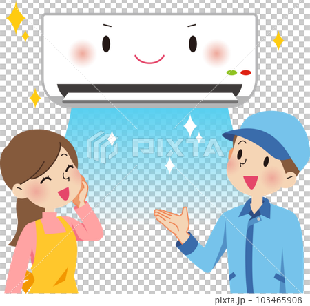 一位女士對空調清潔後清潔的空調感到滿意 103465908