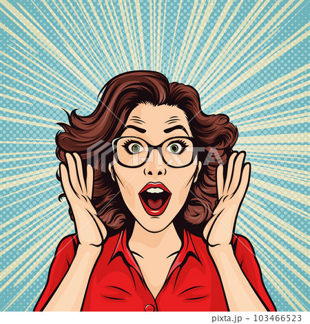 Vector Banner with Woman, Wow Face, Holding Hands, Arms, Palms Near Her Cheeks in Pop Art Comic Style. Advertising Poster for Sale, Discount Placard, Flyer Card. Beautiful Surprised Woman Vector Banner with Woman, Wow Face, Holding Hands, Arms, Palms Near Her Cheeks in Pop Art Comic Style. Advertising Poster for Sale, Discount Placard, Flyer Card. Beautiful Surprised Woman 103466523