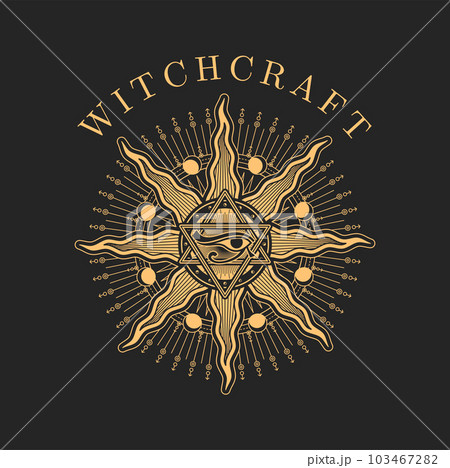 Witchcraft, occultism and esoteric magic icon with Star of David, sun and Eye of Eye symbols. Religion occult seal, tarot magic emblem or astrology icon, mystic tattoo and occultism ritual sign 103467282