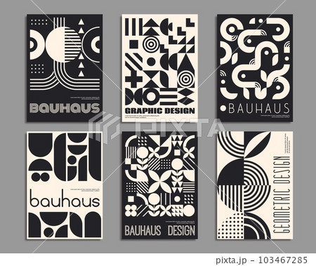 Monochrome bauhaus posters with geometric abstract patterns. Modern minimal background of black and white geometry shapes. Circles, triangles and squares, wavy and cross lines creative patterns set Monochrome bauhaus posters with geometric abstract patterns. Modern minimal background of black and white geometry shapes. Circles, triangles and squares, wavy and cross lines creative patterns set 103467285