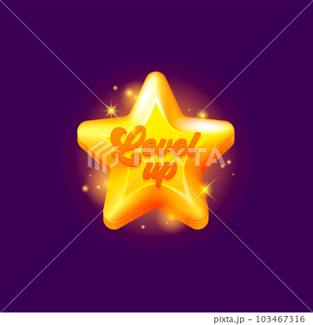Game level up reward gold star rate icon. Game success award, videogame victory or rating vector symbol, arcade task complete winner icon. Casino level up win sign with glowing golden star 103467316