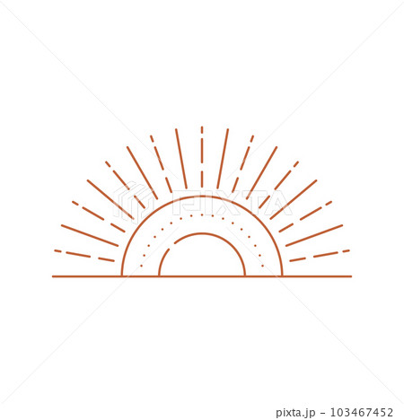 Sunrise or sunset in boho style, sunshine print. Vector abstract sun print boho minimalist design, bohemian graphics art work, outline icon Sunrise or sunset in boho style, sunshine print. Vector abstract sun print boho minimalist design, bohemian graphics art work, outline icon 103467452
