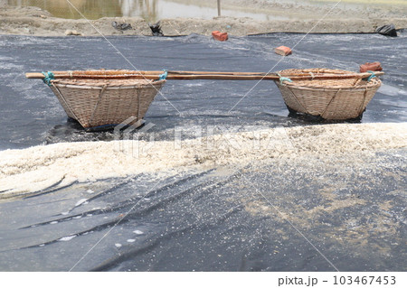raw salt on farm with bamboo basket 103467453
