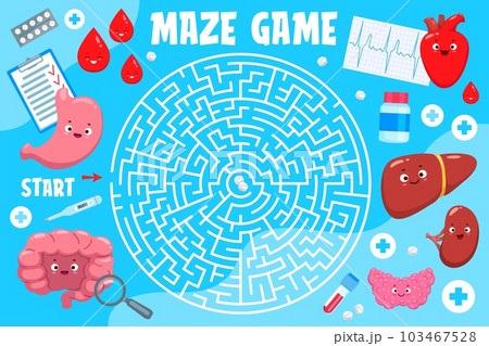 Labyrinth maze game with cartoon body organ characters, vector worksheet for kids. Funny heart, brain and liver with lungs and kidney characters to find way or escape labyrinth path on puzzle game Labyrinth maze game with cartoon body organ characters, vector worksheet for kids. Funny heart, brain and liver with lungs and kidney characters to find way or escape labyrinth path on puzzle game 103467528