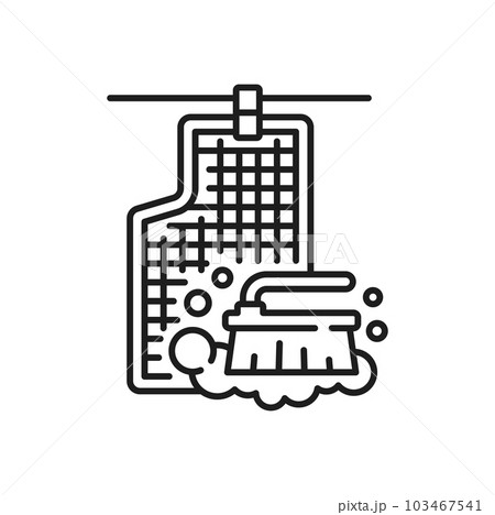 Carpet cleaning in vehicle isolated outline icon. Vector car wash thin line emblem. Carwash, vehicle care sign, rubber carpet mat, foam and brush 103467541