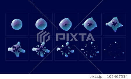 Soap bubble burst effect animated sprite sheet, transparent bubble explosion. Vector game animation storyboard of cartoon water sphere explosion with splash and drops. Set of balloons sequence explode 103467554