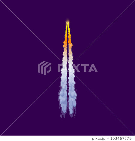 Cartoon rocket smoke trail with jet fire and steam clouds. Vector spaceship or shuttle carrier rocket launch contrail with flame, white smoke and steam tracks. Missile trail of vertical takeoff Cartoon rocket smoke trail with jet fire and steam clouds. Vector spaceship or shuttle carrier rocket launch contrail with flame, white smoke and steam tracks. Missile trail of vertical takeoff 103467579