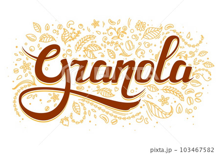 Granola cereal food label or oatmeal muesli food package, vector letters for breakfast snack. Granola background with linear wheat spikes, nuts and grain for organic healthy muesli and porridge meal Granola cereal food label or oatmeal muesli food package, vector letters for breakfast snack. Granola background with linear wheat spikes, nuts and grain for organic healthy muesli and porridge meal 103467582