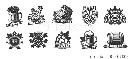 Beer brewery icons, mug, tankard, barrel and malt hop, beer brew or bar pub vector labels. Craft beer and alcohol drinks brewery badge or symbol with barrel and wheat barley laurel of premium quality 103467808