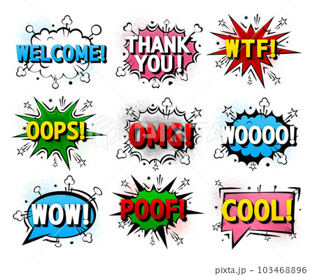 Comic Boom Bubbles. Cartoon explosions funny comical speech clouds, comics, thinking bubbles. Comic book emotional bubbles concept. Conversation graphic text elements. Vector Illustration. 103468896