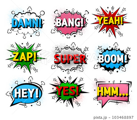 Comic Boom Bubbles. Cartoon explosions funny comical speech clouds, comics, thinking bubbles. Comic book emotional bubbles concept. Conversation graphic text elements. Vector Illustration. 103468897