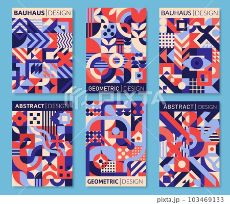 Bauhaus posters with geometric abstract patterns. Simple geometry shapes and forms vector background with circles, squares and triangles, floral elements, dots and lines. Blue and red bauhaus patterns 103469133