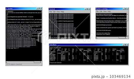 Vintage PC software windows interface. Desktop computer old operation system popup window, command app screen or control panel message vector frame with code line, download and installation data 103469134