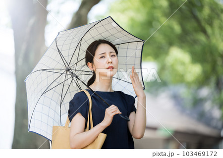 紫外線や熱中症防止　日傘をさして見上げる暑がる美しい女性　 103469172