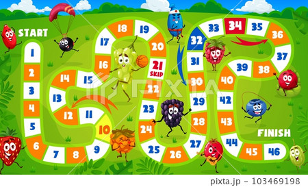 Kids board game cartoon berry characters on summer party. Vector worksheet with rosehip, black currant, strawberry, grape, clouberry and cranberry, blackberry, honeyberry, blueberry or raspberry 103469198