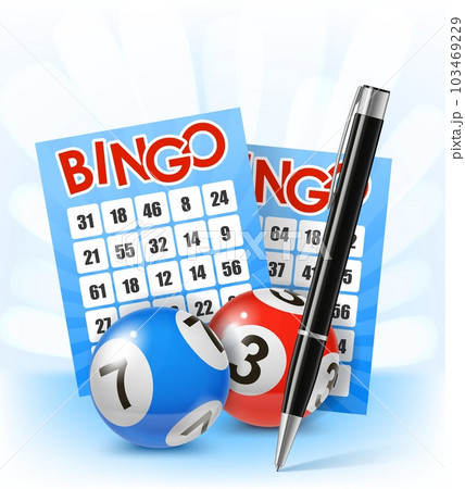 Bingo lottery balls and tickets. Gamble bet, lotto fortune, casino chance or game opportunity realistic vector background. Gambling lottery jackpot realistic concept with pen, bingo balls and tickets Bingo lottery balls and tickets. Gamble bet, lotto fortune, casino chance or game opportunity realistic vector background. Gambling lottery jackpot realistic concept with pen, bingo balls and tickets 103469229