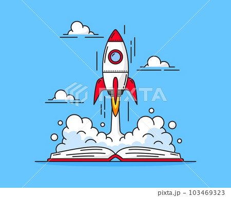 Rocket launch. Education goals and achievement, innovations, business idea start, creativity boost vector background. Startup launch and growth concept with opened book or textbook, taking of rocket 103469323