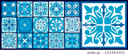 Moroccan and azulejo tile patterns. Majolica, talavera, damask ornament. Mediterranean ethnic wallpaper or Moroccan mosaic vector backdrop, ceramic tile, textile azulejo pattern, floor or wall decor 103469365