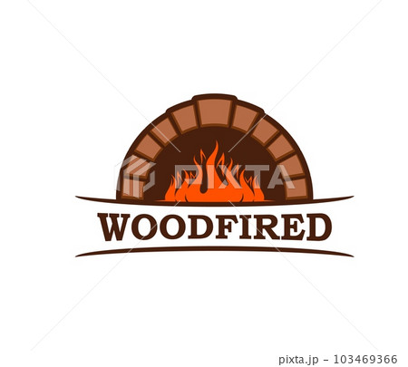 Fireplace, firewood chimney and hearth icon with fire flames on wood, vector hot oven furnace symbol. Pizza, food restaurant or grill bar and bakery sign of fireplace and firewood with chimney 103469366