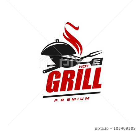 Bbq grill icon, isolated vector emblem for barbecue party celebration. Black and red label with cast-iron cauldron with grate, fire, spatula and fork. Sign for cooking event, picnic on nature, food Bbq grill icon, isolated vector emblem for barbecue party celebration. Black and red label with cast-iron cauldron with grate, fire, spatula and fork. Sign for cooking event, picnic on nature, food 103469385