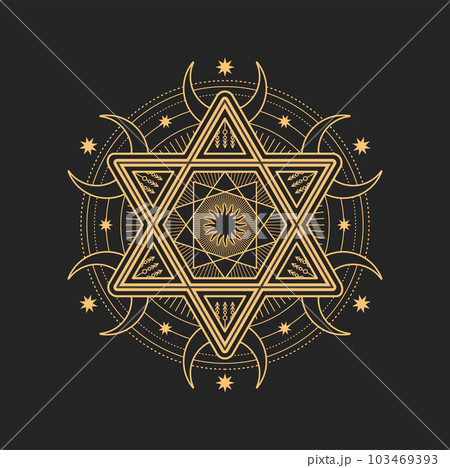 David star with crescent moon on points and sun in center of octagram star esoteric occult symbol, magic tarot card vector symbolic. Religious amulet, talisman, tattoo design David star with crescent moon on points and sun in center of octagram star esoteric occult symbol, magic tarot card vector symbolic. Religious amulet, talisman, tattoo design 103469393
