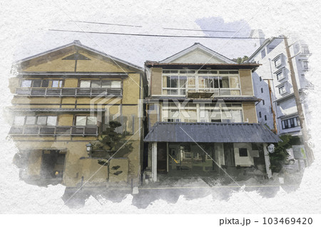 水彩画風　武雄温泉　扇屋と若松屋旅館　佐賀県武雄市 103469420