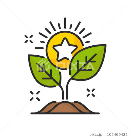 Money plant icon, vector loyalty bonus or benefits growth, prize or reward of customer discount program. Color line growing plant with gold coin, star and green leaves, customer loyalty incentive 103469425
