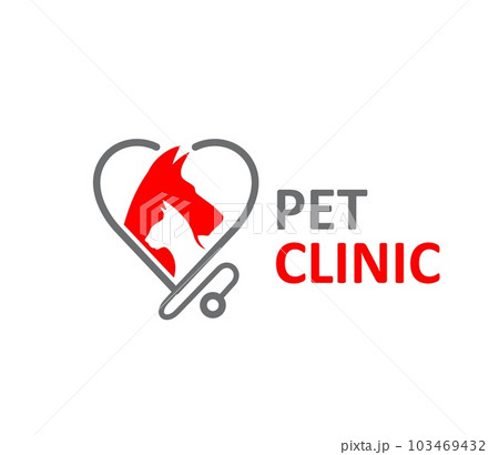 Pet clinic icon with vector dog and cat animal heads in heart frame of veterinarian stethoscope. Pet care and veterinary medicine isolated red symbol for vet hospital and animal care clinic Pet clinic icon with vector dog and cat animal heads in heart frame of veterinarian stethoscope. Pet care and veterinary medicine isolated red symbol for vet hospital and animal care clinic 103469432