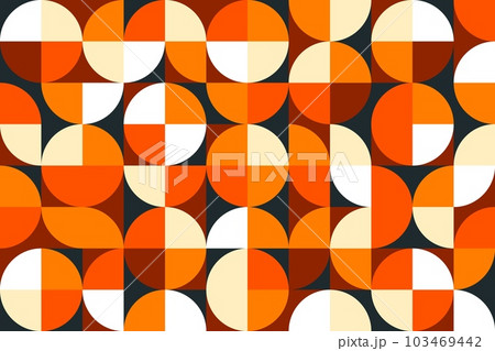 Modern Bauhaus geometric pattern, beige, black, orange and white vector background. Abstract modern or retro Bauhaus pattern with round shape elements, mosaic tile with vintage Bauhaus colors pattern 103469442