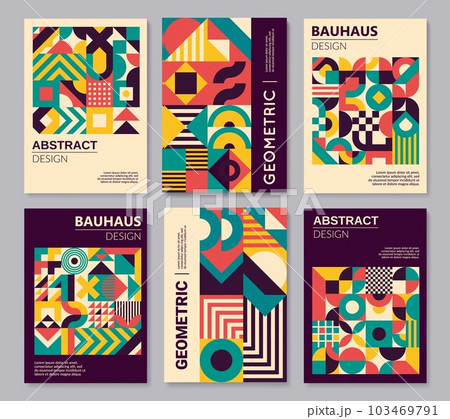 Geometric Bauhaus posters and abstract patterns. Artwork modernism composition on corporate identity posters, business presentation page vector template with Bauhaus geometrical shapes or pattern 103469791
