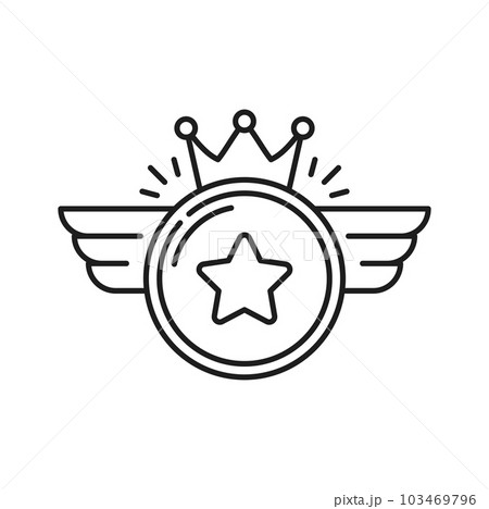 Badge of star with wings, royal crown above, bonus. Vector special prize reward, achievement and membership, customer benefit medal Badge of star with wings, royal crown above, bonus. Vector special prize reward, achievement and membership, customer benefit medal 103469796