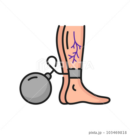 Varicose veins disease, hardness and swelling in legs outline icon. Vector woman thrombosis in legs, chains with dumbbell. Chronic venous insufficiency 103469818