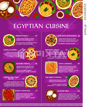 Egyptian cuisine menu, Egypt food dishes and meals of restaurant, vector. Egyptian cuisine traditional lunch and dinner food, anchovy omlet, lamb meat with artichokes and pepper tuna salad Egyptian cuisine menu, Egypt food dishes and meals of restaurant, vector. Egyptian cuisine traditional lunch and dinner food, anchovy omlet, lamb meat with artichokes and pepper tuna salad 103469850