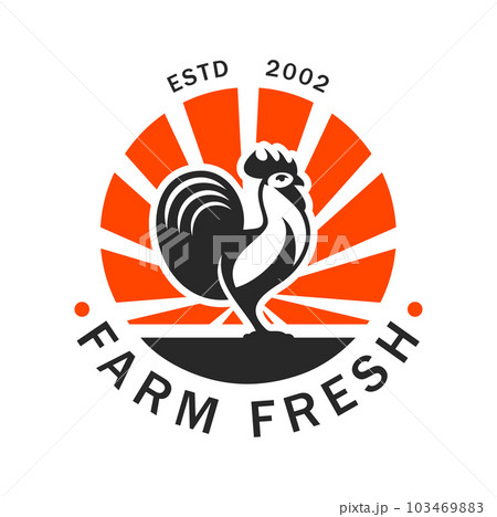 Agriculture and farm rooster icon. Livestock agriculture symbol, domestic bird farm or poultry meat production company, food market or grocery store retro vector emblem or sign with rooster, sun rays Agriculture and farm rooster icon. Livestock agriculture symbol, domestic bird farm or poultry meat production company, food market or grocery store retro vector emblem or sign with rooster, sun rays 103469883