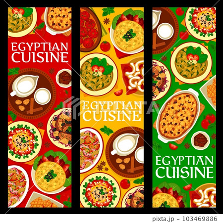Egyptian cuisine food vertical banners, Egypt dishes menu and traditional meals, vector. Egyptian cuisine restaurant menu, spinach omelet with pepper and tuna salad, almond milk and date lozenges 103469886