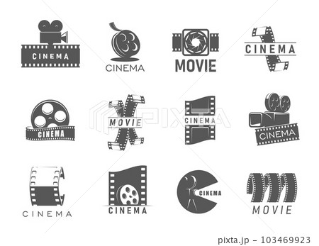 Movie cinema icons of film strip and camera reels, vector cinematography symbols. Cinema theater or movie production studio signs of retro video camera and filmstrip or camcorder shutter 103469923