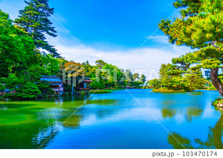 新緑の兼六園と霞ヶ池 103470174