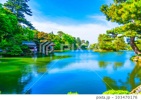 新緑の兼六園と霞ヶ池 103470176