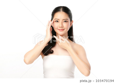 Beautiful young asian woman with clean fresh skin on white background, Face care, Facial treatment, Cosmetology, beauty and spa, Asian women portrait. Beautiful young asian woman with clean fresh skin on white background, Face care, Facial treatment, Cosmetology, beauty and spa, Asian women portrait. 103470194