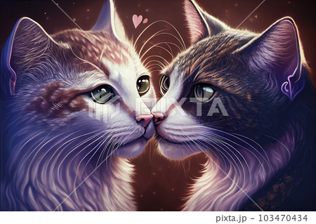 hugging cats in love. valentine's day postcard. 3d illustration. Generative AI 103470434